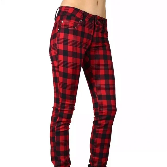 TRIPP NYC Plaid Red Black Check High Waist Checkered Pants Skinny Jeans 28/7